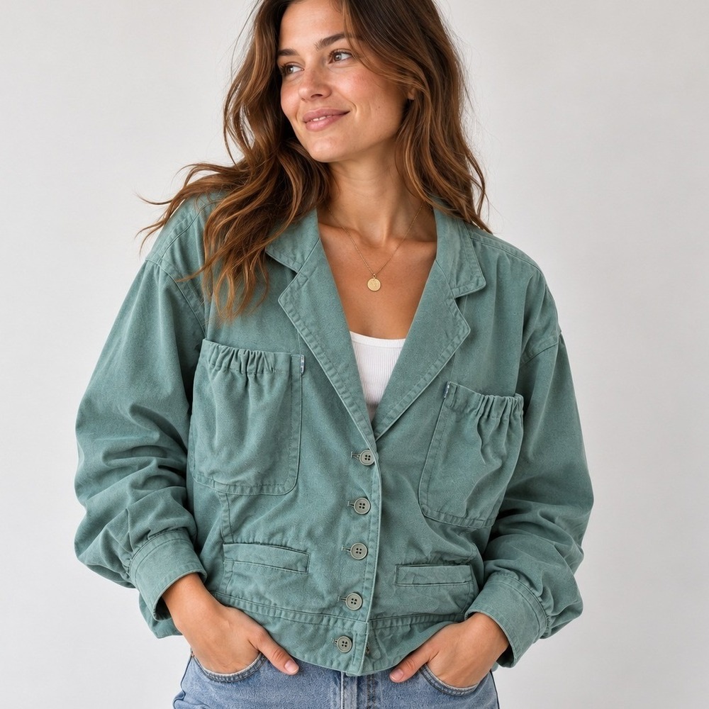Vintage MONDI Jacket Womens 34 Green 100% Cotton Cropped Utility 80s Safari